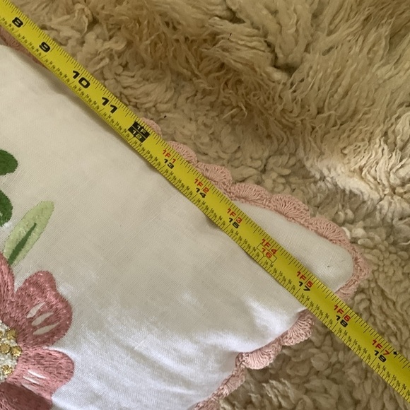 Spring is here embroidered velvet linen blnd decorative pillow accent pink white - Picture 6 of 7